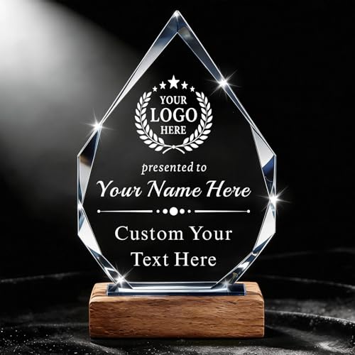 Image of Custom Crystal Award Trophy, Personalized Trophy with Company Logo & Text