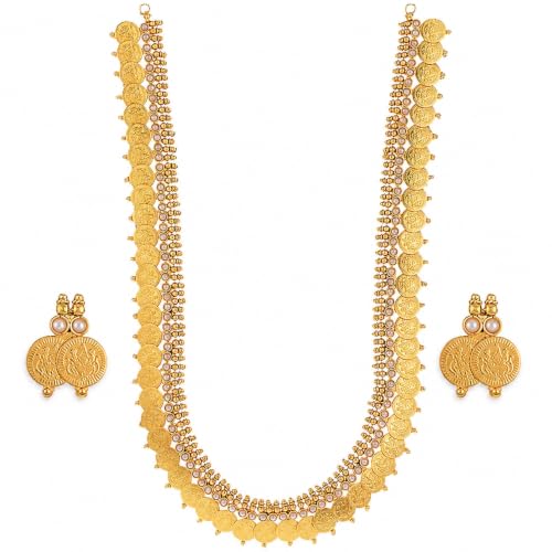 Image of ZENEME Jewellery Set Gold Plated Long Traditional Maharani Beads Studded Temple Coin Necklace Set with Earrings Jewellery For Women & Girls