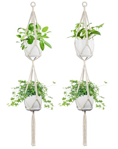 IDEEEPAN Macrame Plant Hanger - Fits 4-8 Inch Pots, 2 Tier Hanging Planter Holder for Indoor Outdoor, Cotton Rope with Tassels Boho Home Decor, 49 Inch, Set of 2, Ivory