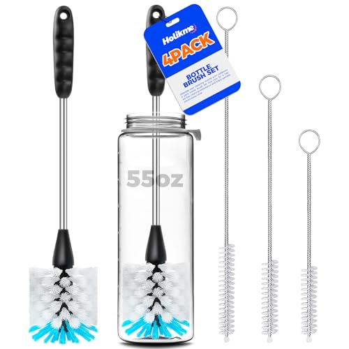 Image of Holikme Bottle Brush Cleaner Set, 14" Long Handle Stainless Steel Bottle Cleaner Brush, 3 Straw Cleaner Brush, Bottle Cleaning Brush for Water Bottle, Cups, Abrasive Flat End Brushes, Straws White