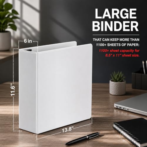 Image of 4 Pack 6 Inch 3 Ring Binder, Locking D-Ring, Holds 1100+ Sheets, White | Heavy Duty PVC-Free with Pockets, Fits 8.5 x 11 Inch, Clear View Customizable Cover, for Legal Files - Ring Binder Depot