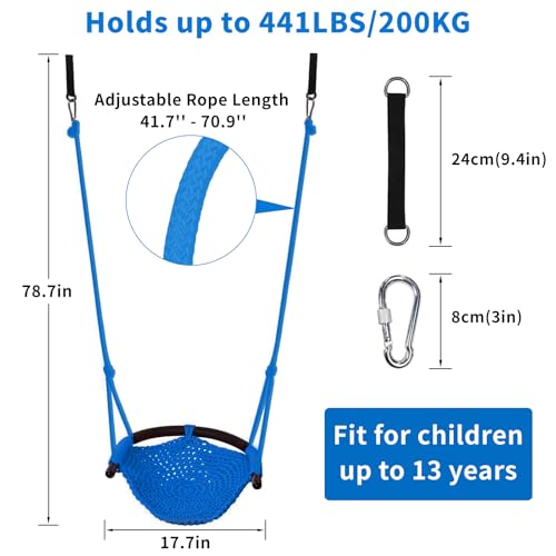 Image of Hi-Na Kids Swing for Swing Set, Heavy Duty Rope Swings with Snap Hooks and Straps, 440LBS Capacity, Toddler Swing Seat for Indoor Porch, Outdoor Playground, Tree, Blue