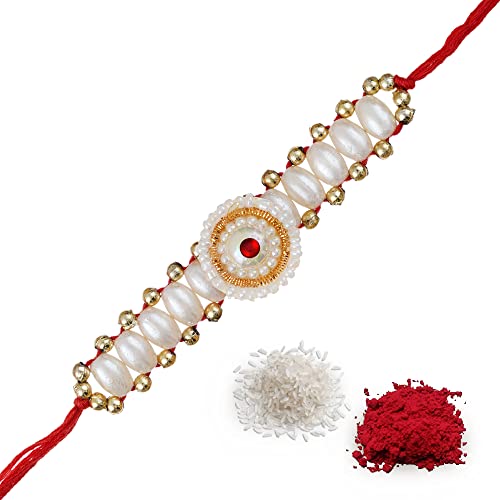 Image of eCraftIndia Designer Pearls Rakhi with Roli Chawal Pack and Raksha Bandhan Greeting Card