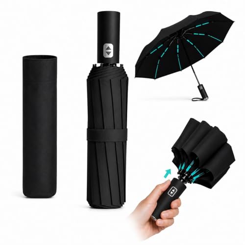Guarda Chuva com Botão Abre e Fecha Automático Reforçado – Resistente ao Vento, Proteção Solar UV e Chuva Intensa, Blackout, Dobrável - Guarda Chuva Portátil Compacto para Bolsa/Mochila PRETO