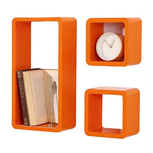 HJZALMI Floating Cube Wall Shelves Set of 3 Orange for Bedroom Living Room Bathroom Study Office