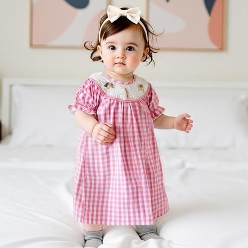 Toddler Girl Country Western Dress Short Sleeve Cowgirl Boots Hats Gingham Smocked Dress Little Kids Summer Princess Dress3