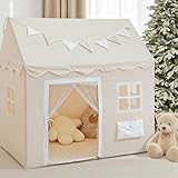 LIONHERZ® DAS ORIGINAL Spielhaus mit Briefkasten für Kinder | Indoor Spielzelt mit Matte & Wimpelkette | Kinderspielhaus mit 3 Fenstern & blickdichtem Türvorhang | Hauszelt Kinderzimmer (Cremeweiß)