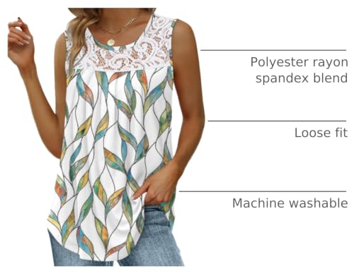 Image of Saloogoe Summer Tank Tops for Women Loose Fit Pleated Tunics Scoop Neck Sleeveless Lace Tops Curved Hem Flowy