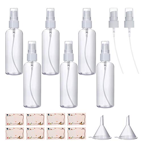 6 Pack Small Spray Bottles, jiemei 3.4oz Clear Fine Mist Plastic Travel Bottles, Refillable Liquid Containers with 2pcs Funnels for Cleaning Solutions (6 Pack)