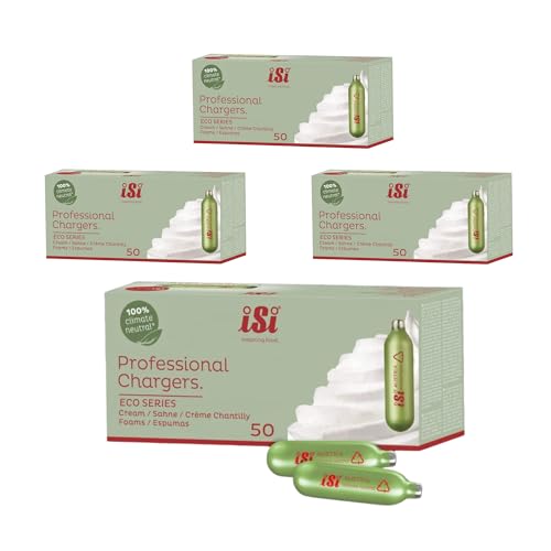 Image of iSi North America Eco Series Professional Culinary Whip Cream Chargers, 8.4g Nitrous Oxide - Sustainable Steel, Vegan-Friendly - Austrian-Made Nitrous Oxide Whipping Chargers (50-Pack, Box of 4)