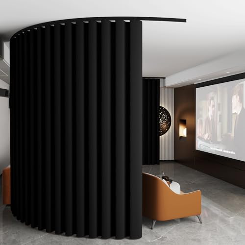 Image of RYB HOME Black Room Divider Curtains with Flexible Silent Ceiling Track Wall Mount Sliding Door Drapes, Blackout Extra Wide Floor to Ceiling Curtain with Hooks for Living Room, W180 x L96, 1 Panel