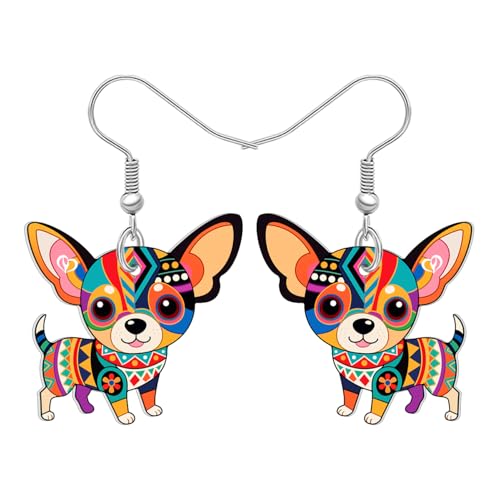 BONSNY Colorful Cute Chihuahua Dangle Earrings Mexican Folk Art Style Dog Pets Design Gifts for Chihuahua Lovers Women Fun Hypoallergenic Jewelry Accessories (Multicolor)