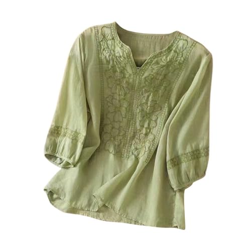 Bestickte Tops für Frauen Floral Baumwolle Leinen Tunika T-Shirt T-Shirt Frauen 3/4 Ärmel V-Ausschnitt Boho Ethno Latzhose Kurz Damen (Green-d, XL)