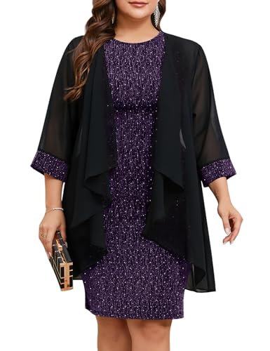 Image of ZOMVA Plus Size Sparkly Formal Dress Suit 2 Piece Mother of The Bride Groom Chiffon Jacket Outfit Cocktail Evening