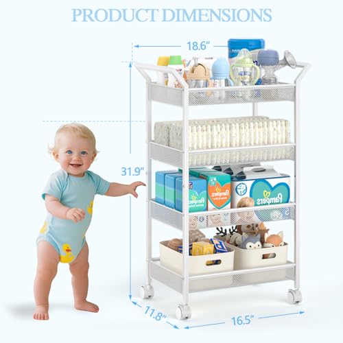 Image of 3IngSeagulls Baby Diaper Caddy Cart, 4-Tier Diaper Caddy Organizer and Storage, Rolling Utility Cart for Baby Supplies, Diaper Cart with Wheels for Bedroom, Nursery, Changing Table, White