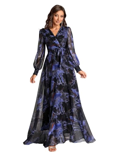 Image of LITZO Dress for Women || Women's Printed Wrap Maxi Gown || V‑Neck Long Sleeve Belted Flowy Dress for Parties, Weddings & Evening Events || Lightweight Sheer Layer Western Outfit (T-L-14-16)