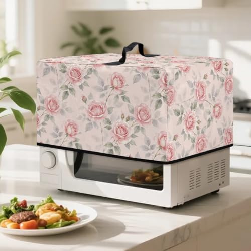 Image of Microwave Oven Cover Air Fryer Toaster Oven Dust Cover with Handle, Stain-Resistant Small Electric Appliance Protector for Kitchen Decor, L, Pink Rose
