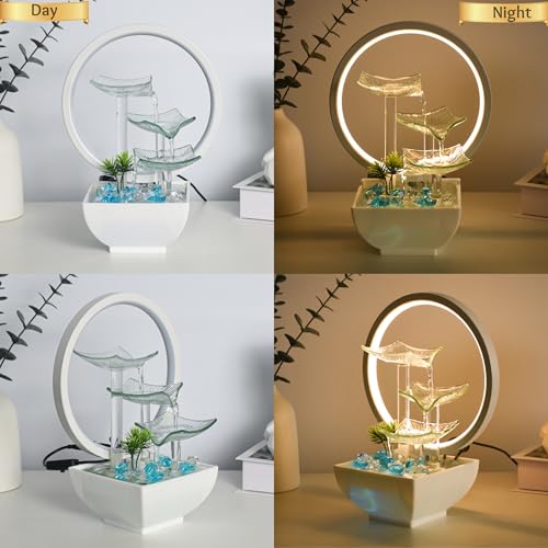 Image of Water Fountain for Home Decor 29cm Glass Indoor Waterfall with LED Light & Blue Stones - Electric Tabletop Showpiece for Living Room, Office Desk & Bedroom - Lucky Feng Shui Gift (Frost White)