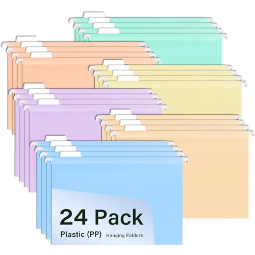 WORPSON 24 Pcs Foolscap Suspension Files Multi-Color Plastic Hanging File Folders for Filing Cabinets with Tabs & Card Inserts Ideal for Office School and Home Organization (24 Pcs Multi-Color)