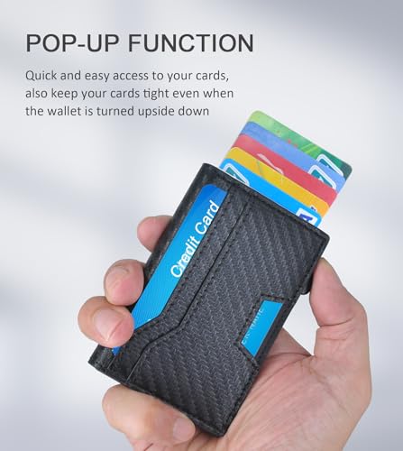 Minimalist Wallet for Men, RFID Card Holder Pop Up Wallet with Money Clip, ID Window, Leather Slot(Metal, Black CF)3