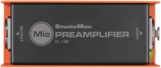 StudioMan CL-100 XLR Preamp for Dynamic Microphones,25dB Gain, Low-Noise Amplifier,Compact Metal Housing, XLR I/O,Orange/Black, Phantom Power Compatible
