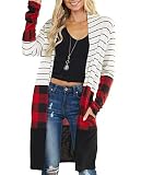 Dressmine Womens Red Plaid Shirt Flannel Long Knit Sweaters Strip Color Block Plaid Cardigan Fall Kimono Blouse Medium