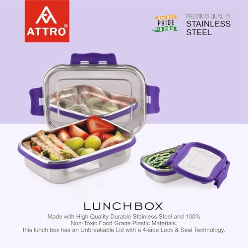 Image of ATTRO Shine Medium Stainless Steel Lunch Box 2-Piece Set - 800ml + 150ml - Leak-Proof, BPA-Free, Compact & Durable - Ideal for Kids, Office, Travel - Purple