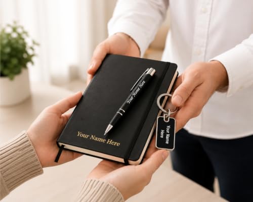 Image of Personalized Diary with Metal Pen & Keychain Combo Set, Black | Ideal Gift for birthday, anniversary, Rakhi, Diwali, Corporate gift for employees, Three piece combo for men and women