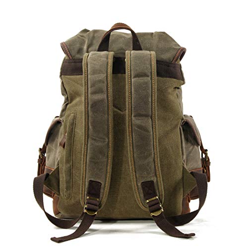 WUDON Men Travel Backpack, Genuine Leather-Waxed Canvas Shoulder Hiking Rucksack