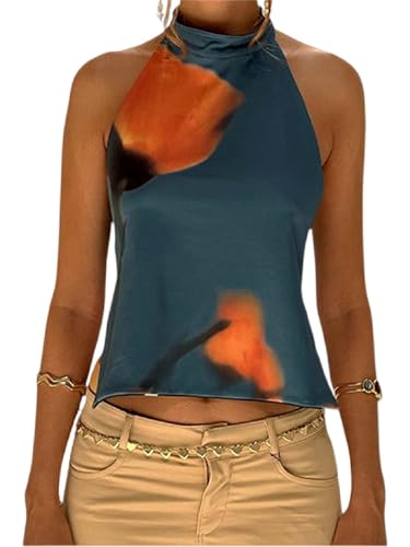 Women Silk Halter Neck Top Open Back Satin Vest Shirt Sleeveless Crop Backless Tank Going Out Tops (Floral Blue, S)