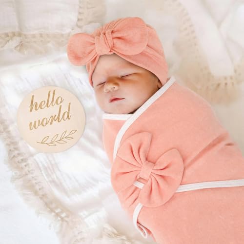 Image of DRESHOW BQUBO 3 Pack Newborn Baby Swaddle Blanket with Hats Infant Adjustable Velcro Swaddling Wraps with Bear Ears Cap for 6-12 Lbs Newborns & 0-3 Months Girls Boys