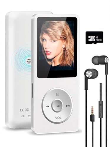 Image of Cason 16GB Mini MP3 Music Player with Bluetooth 5.4 & Voice Control Earphones, Video Playback,Pocket-Sized MP3 Player for Music,Voice Recording,FM Radio -Expanded Up to 128GB (White)