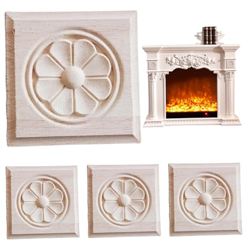 4 apliques cuadrados de madera de 3.15 x 3.15 pulgadas, adornos decorativos tallados para muebles, pared, puerta, gabinete, ventana, chimenea, decoración del hogar, bricolaje