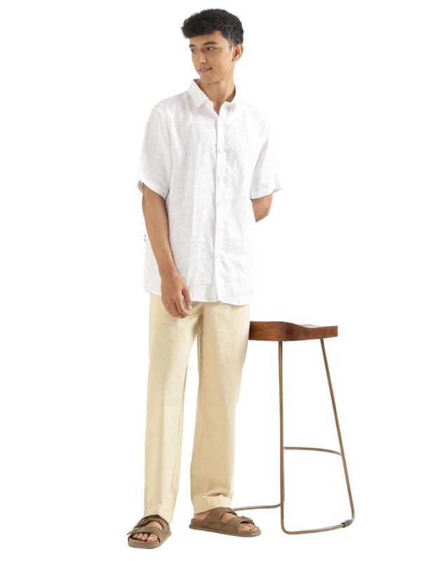 Image of SAADAA Men's 100% Cotton Pants | Mid-Rise Straight Fit Casual Trousers with Elastic Waistband and 3 Pockets | Everyday Wear