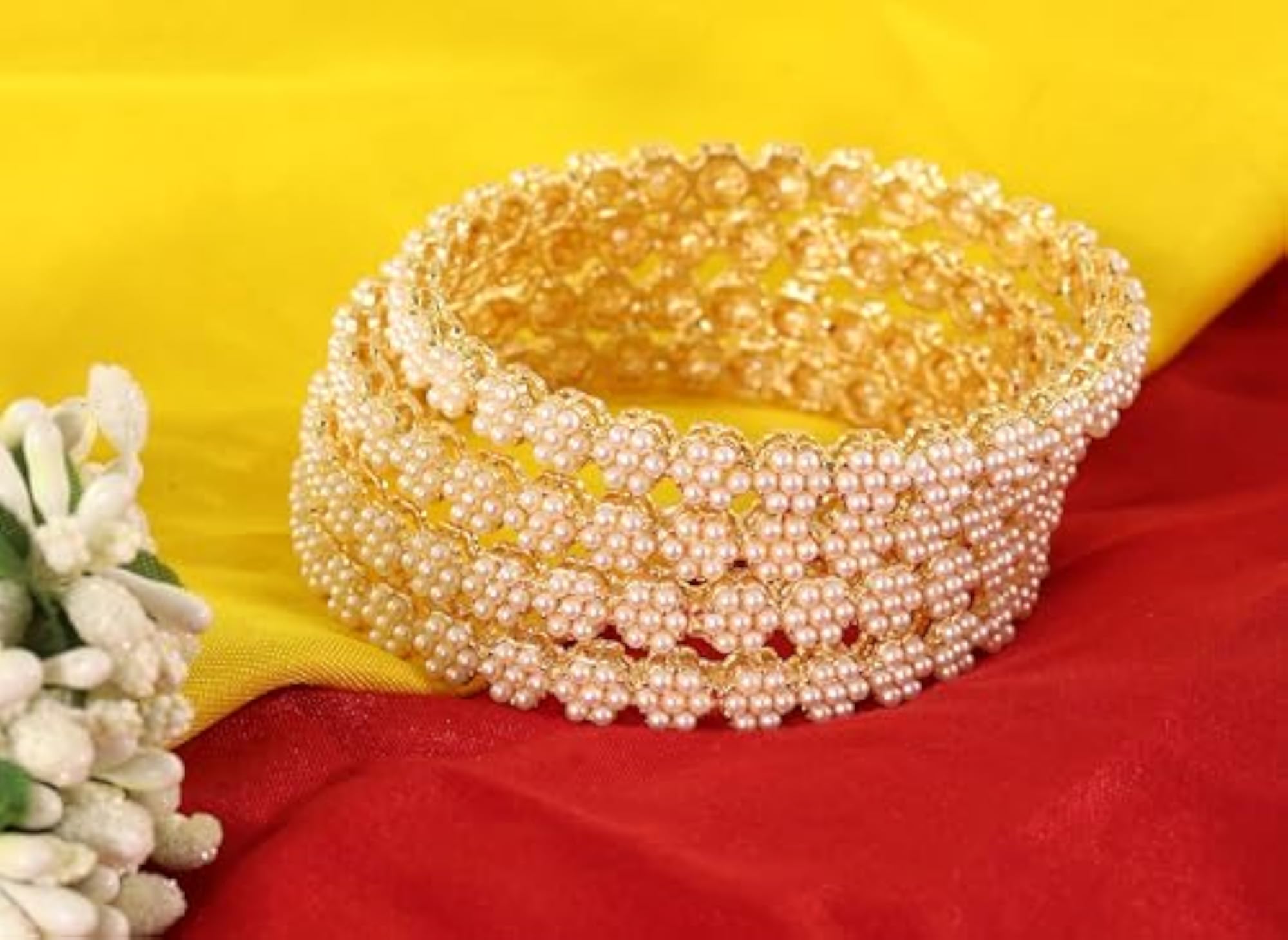 Alloy Kada Set with Flower Shape Pearls, Stylish Bangles
