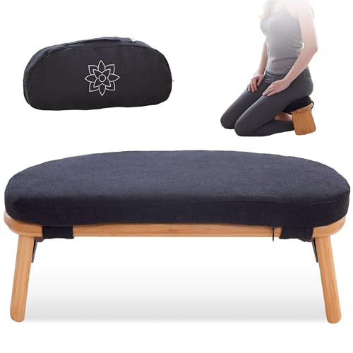 Mindful Modern Folding Meditation Bench - Bamboo Kneeling Stool w/Locking Magnetic Hinges - Prayer Kneeler Seiza Chair w/Soft Pillow & Travel Bag