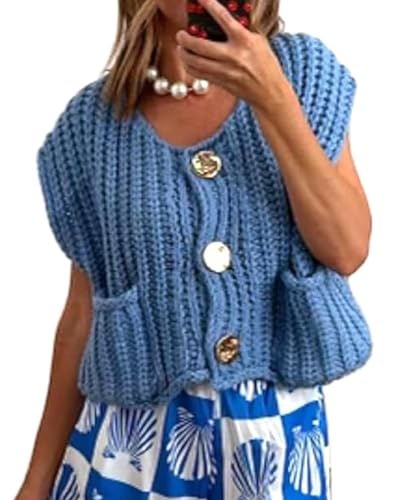 Image of UAURORAO Women Chunky Sweater Vest Button Down Crochet Cable Knit Cardigan Sleeveless Open Front Knitted Crop Waistcoat