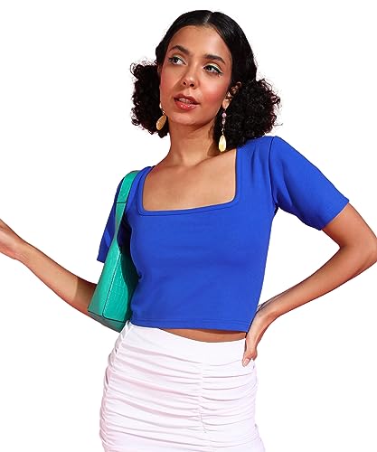 Image of POPWINGS Women Casual Black Solid Short Sleeve Self Design Crop Top | Women Tops | Women Regular Tops | Women Tops | Women Stylish Tops