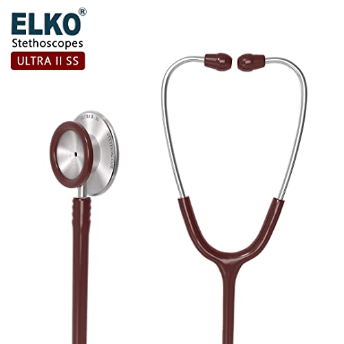 Image of ELKO EL-140 ULTRA II SS Stainless Steel Acoustic Stethoscope | For Doctors, Medical Students & Healthcare Professionals | Dual Head Chestpiece | 5.5mm Brass Pipe Frame | U-Shaped PVC Tubing (Brown)