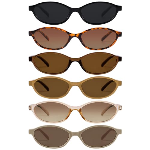 SUNOVELTIES 6 Pack Retro Oval Sunglasses for Women/Men Chic Cat Eye 90s Sunnies Lightweight Narrow Shades Y2k Glasses