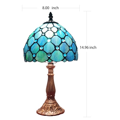 Image of Small Tiffany Table Lamp 8 Inch Blue Pearls Style Tiffany Style Stained Glass Antique Light Bedroom Bedside Lamp Retro Reading Light