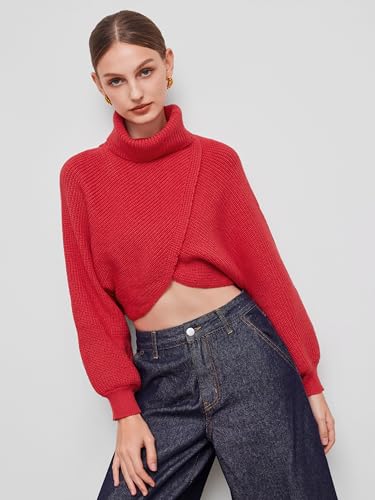 Image of CIDER Cropped Sweaters for Women Turtleneck Sweater Long Sleeve Ribbed Knit Lantern Sleeve Pullover Fall Outfits: Red, S