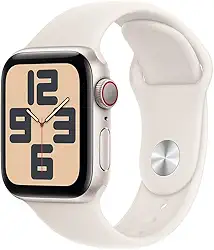 Apple Watch SE GPS + Cellular • Caixa estelar de alumínio – 40 mm • Pulseira esportiva estelar – M/G