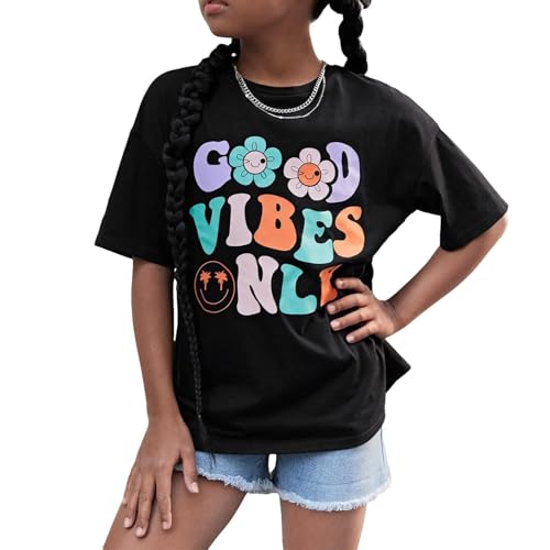 KEEVICI Flower Girl Shirt Graphic Tees Cute Preppy Shirts Kids Letter Print T Shirt Fun Summer Cotton Youth Aesthetic Tops - Main Image