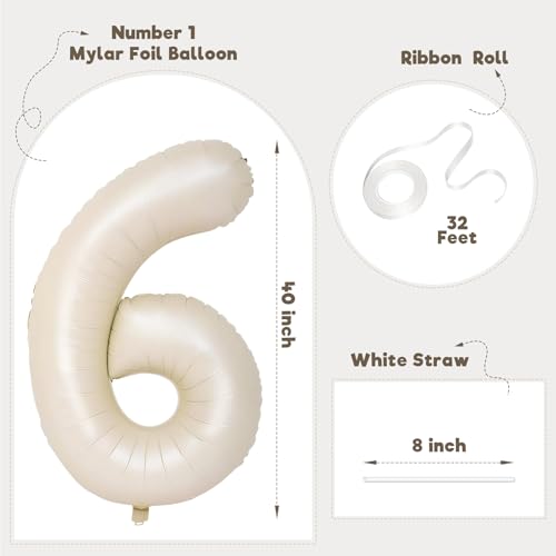 Image of Number Balloons for Birthday Decorations - 40 Inch Large Party Balloons 6, Cream Foil Number Balloons for Boys Girls, Balloons for Party Supplies