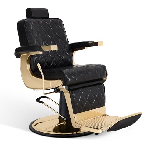 BarberPub Sillón de peluquería reposacabezas abatible, Equipo de peluquería con Bomba hidráulica giratoria 360°, sillón de Servicio Regulable en Altura, 9671 (Dorado-Negro)
