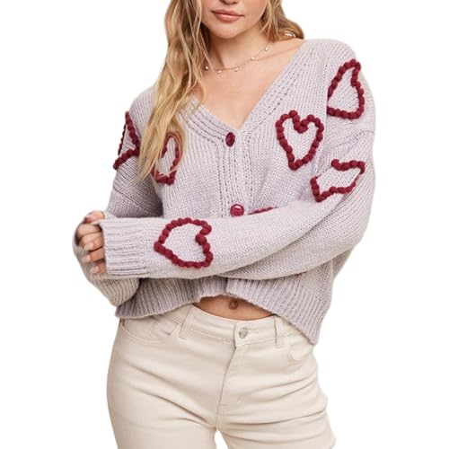 Image of Valentine's Day Cardigan Sweaters for Women Love Heart Print Button Down Cropped Cardigans Y2K Open Front Knit Sweater