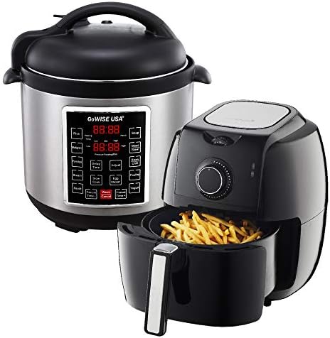 GoWISE USA 3.7-Quart Dial Control Air Fryer (Black, GW22922) + Recipe Book AND GoWISE USA 8-Quart 10-in-1 Electric Pressure Cooker (Stainless Steel, GW22623) + Recipe Book