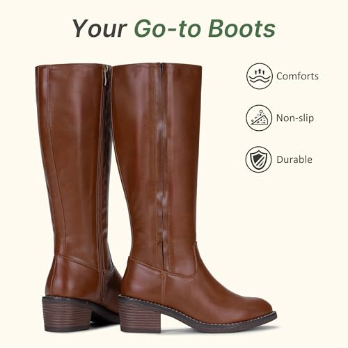 Jeossy Women's 9661 Knee High Tall Boot, Mocha Brown Riding Chunky Low Heel Round Toe Botas, Faux Leather Dress Boot with Inner Zipper and Side Hidden Elastic Band (DJY9661 Mocha Brown 09) by Jeossy - Used condition - Image 3