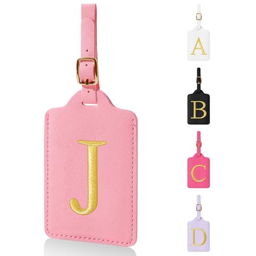 Personalized Initial Luggage Tags for Suitcases,Leather Letter Cute Luggage Tags with Privacy Name Card,Embroidered Monogrammed Travel Bag Backpack Tag Gifts for Women Kids Girls Teens(Pink-J)